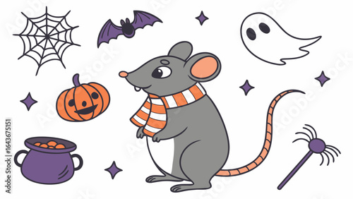 Cute Mischievous  rat, accessorized with with a scarf, in a Halloween world – Spooky Fun palette vector