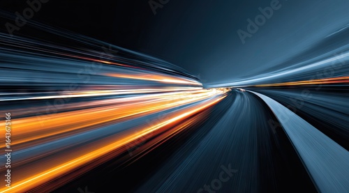 Abstract image of speeding lights and motion blur, conveying speed and energy through streaks of orange and blue light against a dark background, suggesting a night-time city scene or highway