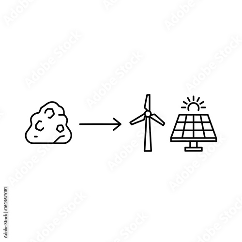 A simple line art icon illustrating the energy transition from coal to renewable wind and solar power. Vector Illustrations. EPS Editable