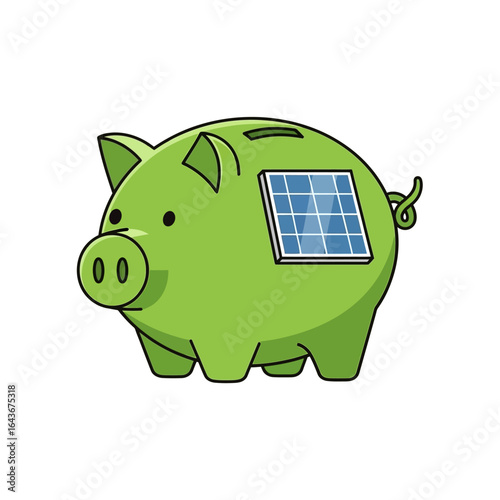 Cartoon green piggy bank with a solar panel symbolizing ecofriendly savings and renewable energy investment. Vector Illustrations. EPS Editable
