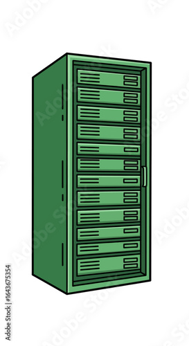 Cartoon illustration of a green server rack cabinet with multiple data storage units. Vector Illustrations. EPS Editable