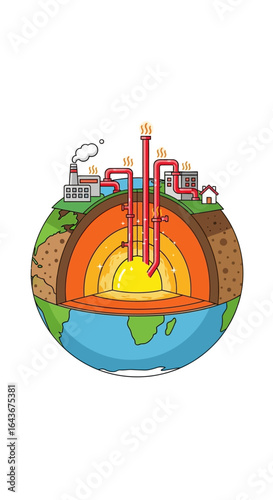 Cartoon illustration of a geothermal power plant showing a crosssection of the Earth with its core mantle and crust. Vector Illustrations. EPS Editable