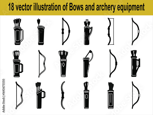 Black and white vector illustrations of archery bows and quivers with arrows equipment