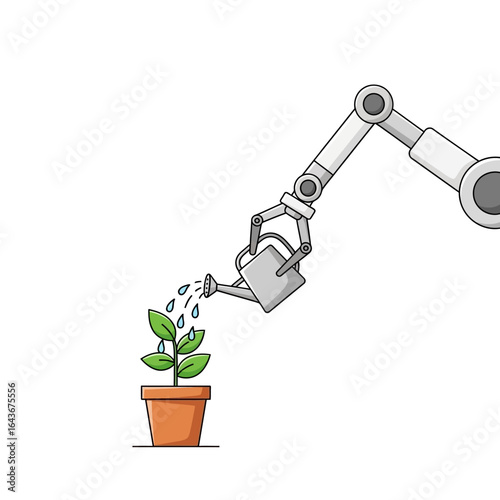 Cartoon robotic arm holding a watering can and nurturing a small green plant in a pot. Vector Illustrations. EPS Editable