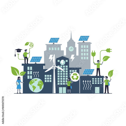 Conceptual illustration of a sustainable green city with renewable energy solar panels and a wind turbine. Vector Illustrations. EPS Editable
