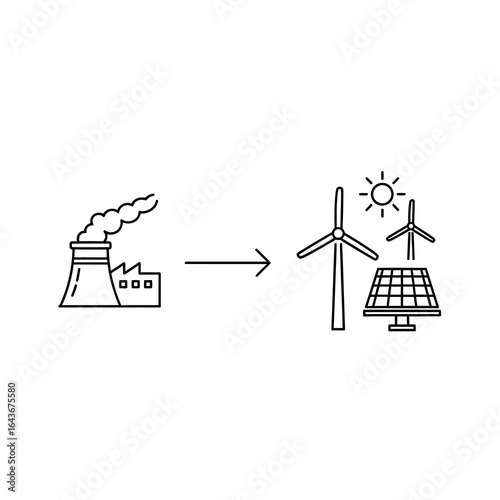 Conceptual line art of the transition from a polluting factory to clean renewable energy like wind turbines and solar panels. Vector Illustrations. EPS Editable