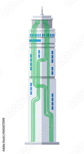 Futuristic smart skyscraper with green circuitlike data streams running up its facade. Vector Illustrations. EPS Editable