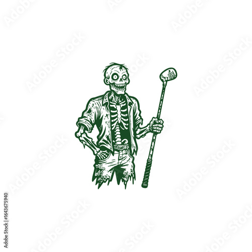 engraving style logo illustration of a zombie holding a golf club. Dark and creepy linework captures a humorous yet eerie undead theme, perfect for horror, gothic, and fantasy