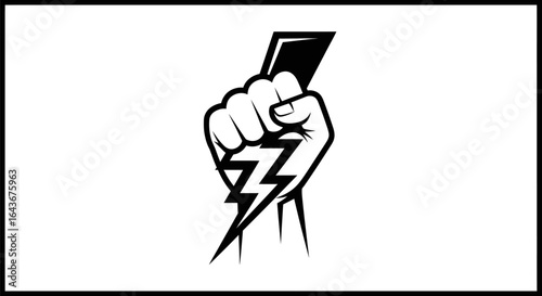 A stylized black and white icon showing a powerful clenched fist grasping a sharp lightning bolt.