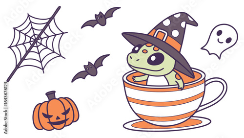 Delightful Funny  lizard in a Halloween scene with in a teacup – Spooky Fun vector illustration