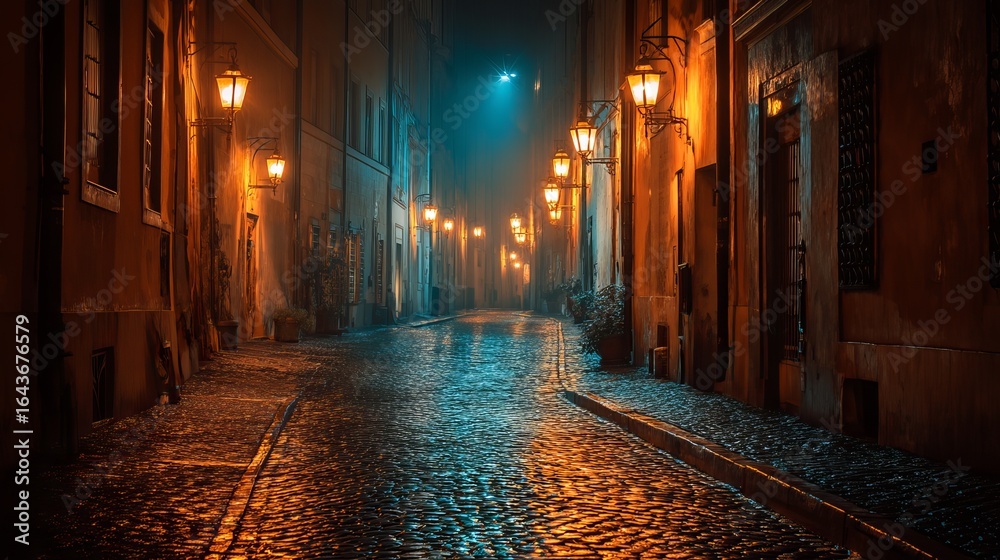 Fototapeta premium A serene, illuminated cobblestone street at night, showcasing a blend of warm and cool tones.