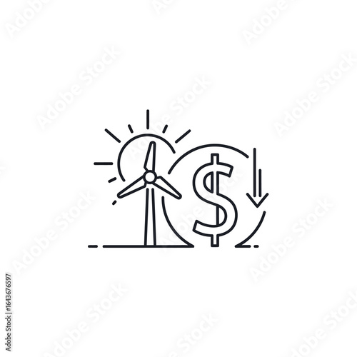 Line art icon showing cost reduction with renewable energy featuring a wind turbine sun and a dollar sign with a downward arrow. Vector Illustrations. EPS Editable