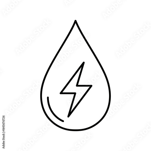 Minimalist black line art icon of a water drop containing a lightning bolt symbol for hydro energy. Vector Illustrations. EPS Editable