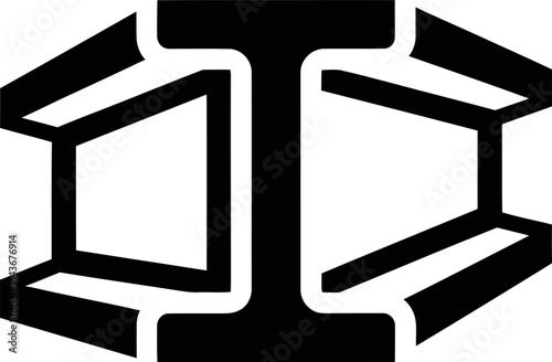 Symmetrical black and white graphic icon of a central I-beam with two open, three-dimensional frames on each side.