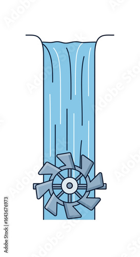 Minimalist line art icon of a hydroelectric turbine in a flowing blue waterfall. Vector Illustrations. EPS Editable