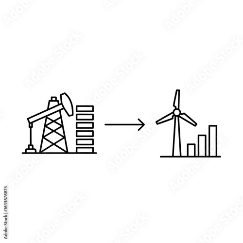 Minimalist line art illustrating the energy transition from an oil pumpjack to a wind turbine with bar graphs. Vector Illustrations. EPS Editable
