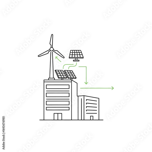 Minimalist line art of urban buildings powered by renewable wind and solar energy. Vector Illustrations. EPS Editable
