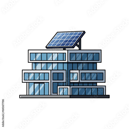 Modern office building with a glass facade and a rooftop solar panel Clean cartoon vector illustration. Vector Illustrations. EPS Editable