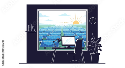 Modern office interior with a large window overlooking a vast solar panel farm under a sunny sky. Vector Illustrations. EPS Editable