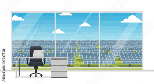 Modern office workspace with a panoramic window view of a vast solar panel farm. Vector Illustrations. EPS Editable