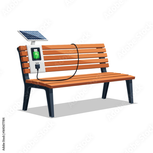 Modern smart park bench with an integrated solar panel and a USB device charging station. Vector Illustrations. EPS Editable