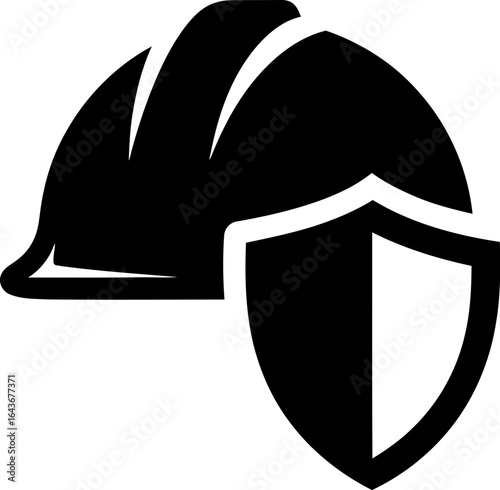 A black and white icon of a hard hat and shield, symbolizing workplace safety and protection.