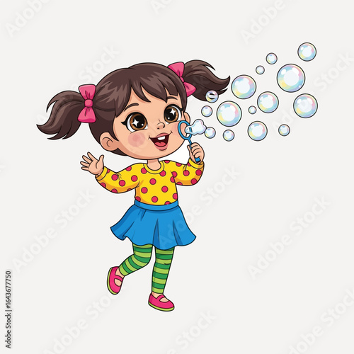 A charming vector illustration of a happy little girl blowing soap bubbles. Cheerful kid character with pigtails isolated for children's design.