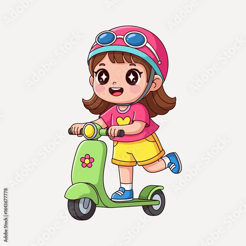 Cartoon girl on a scooter, wearing a helmet and sunglasses, enjoying a fun ride.