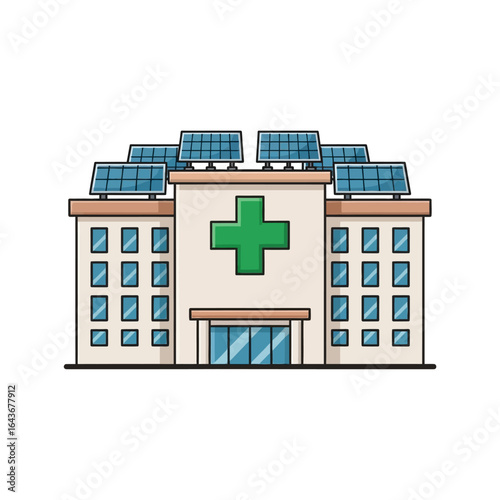 Sustainable hospital building illustration with a green cross and rooftop solar panels for clean energy. Vector Illustrations. EPS Editable