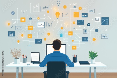 Digital Entrepreneur Working with Data Flow and Analytics at Desk in Modern Office