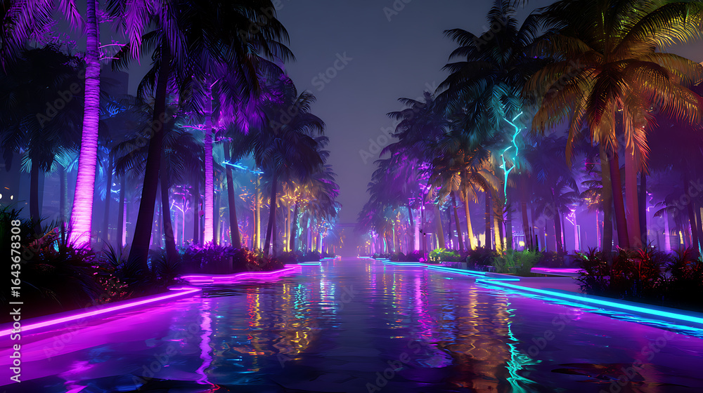 Obraz premium Neon palm trees reflecting in water at night vibrant tropical landscape photography miami beach aesthetic scene