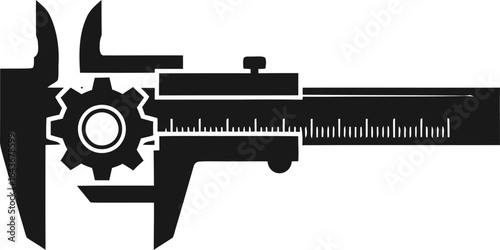 A black silhouette icon of a caliper measuring a mechanical gear, symbolizing precision and engineering.