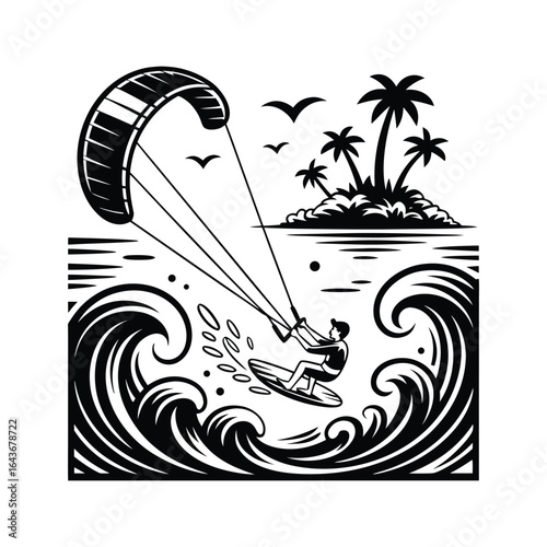 Kitesurfer on Tropical Beach, surfing silhouette