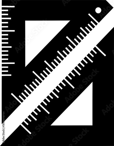 A high-contrast, black and white graphic of a speed square with rulers and triangular cutouts.