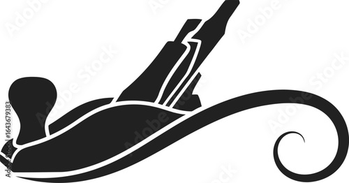 An artistic silhouette of a woodworking hand plane, its base extending into a graceful, swirling curl.