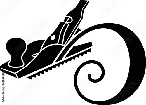A black silhouette icon of a woodworking hand plane creating a large, elegant, curly wood shaving.