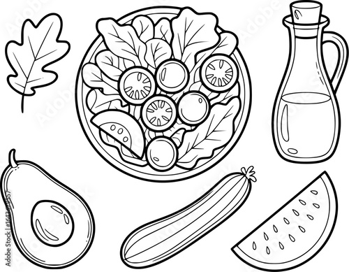 Fresh salad ingredients and dressing bottle lettuce tomato