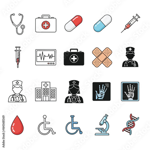 Set of flat medical icons representing the concept of healthcare, medicine, and science