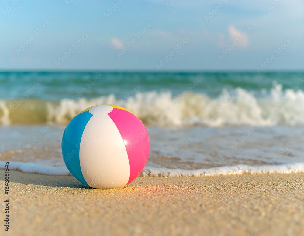 Obraz premium Beach ball on sand, ocean waves