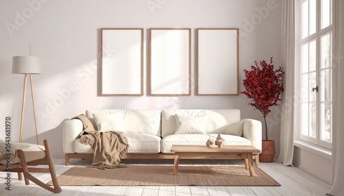 Bright living room interior featuring a white sofa, wooden furniture, three blank picture frames on the wall, a lamp, and a plant near a window.