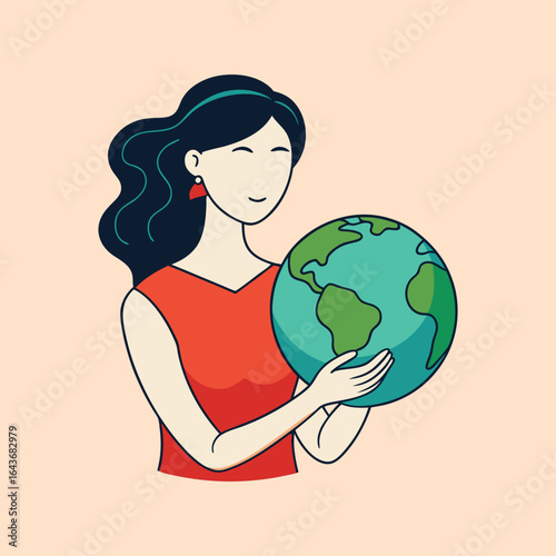 A woman holding the earth showing care and concern for the planet, women power colorful illustration