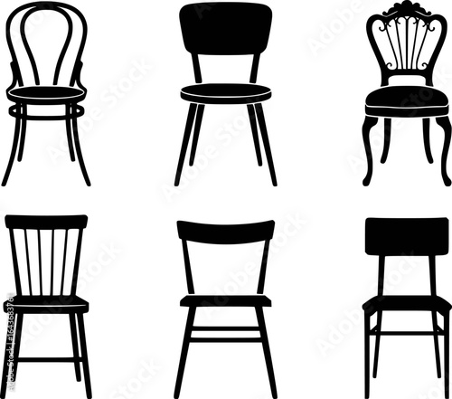 Six black chairs with varied designs and styles seating furniture