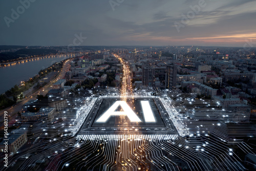 A glowing chip in the middle of a megalopolis with the abbreviation AI