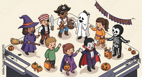 Isometric Halloween Party Kids in Witch, Pirate & Ghost Costumes