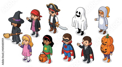 Isometric Halloween Party Kids in Witch, Pirate & Ghost Costumes