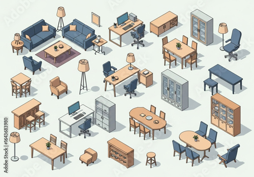 Axonometric School Furniture – Scandinavian Black & White Line Style