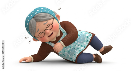 3D Cartoon Granny with Walking Cane Falling Down – Isolated Illustration