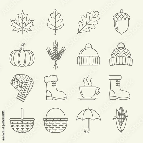 Minimalistic Outline Icon Set Capturing Autumn Season Elements with Leaves, Harvest Items, and Cozy Apparel