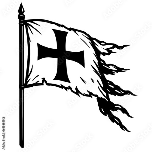 Tattered Flag of the Cross: A Vintage Vector Illustration of a Medieval Banner, Symbolizing History, Chivalry, and an Aged Emblem of Faith