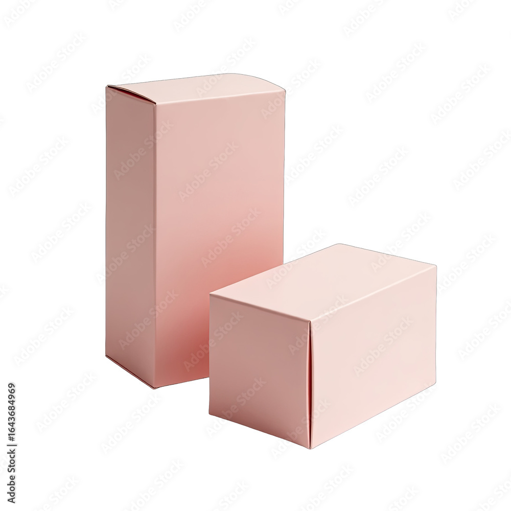 Fototapeta premium Two light pink cardboard boxes arranged on a black background.
